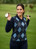 Jersey Azul Lambswool Cuello Pico Rombos Mujer