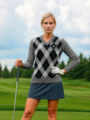 Jersey Gris Lambswool Cuello Pico Rombos Mujer