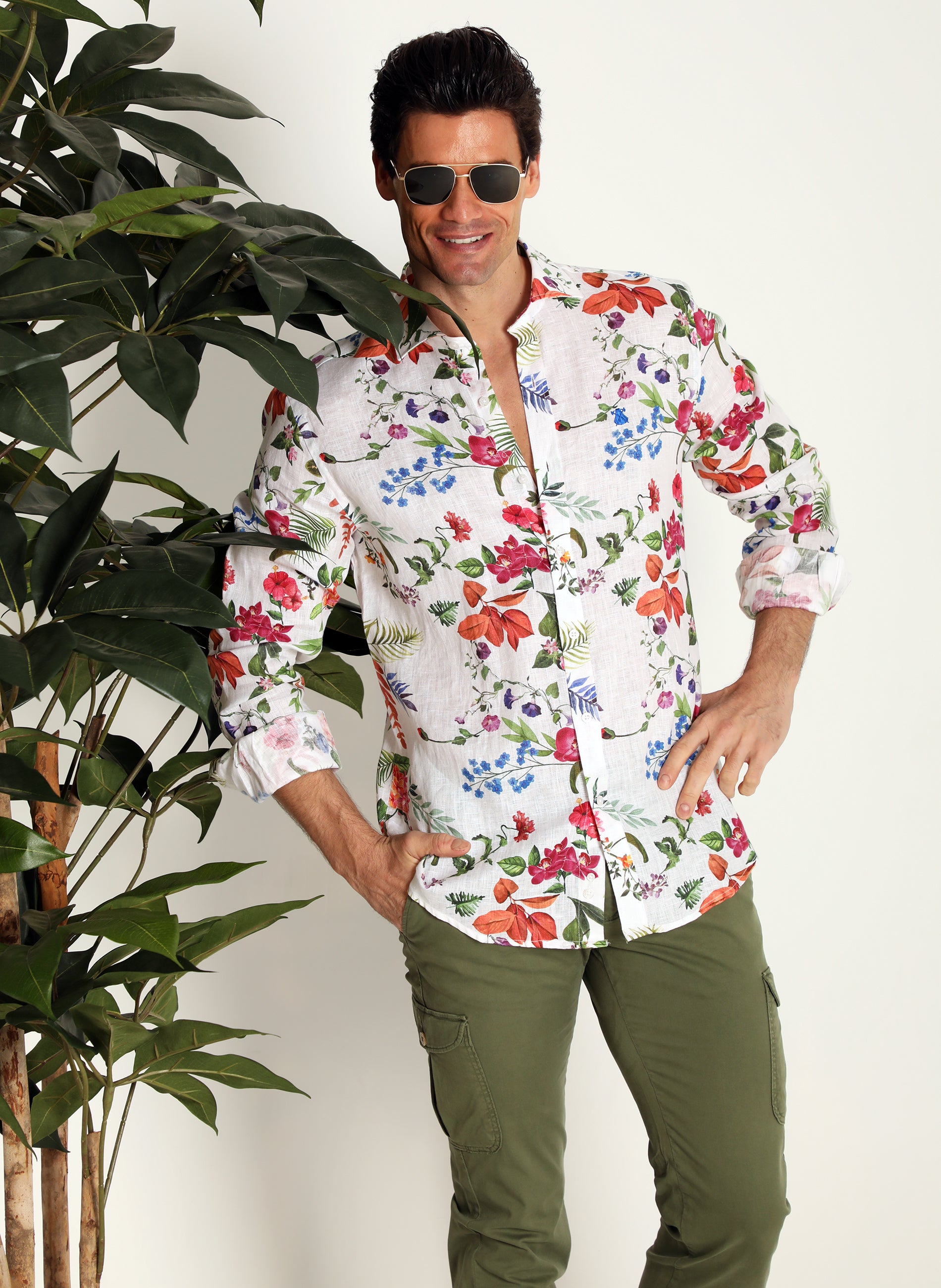 Camisa Lino Blanca Flores Hombre