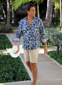 Camisa Lino Azul Flores Beige Hombre