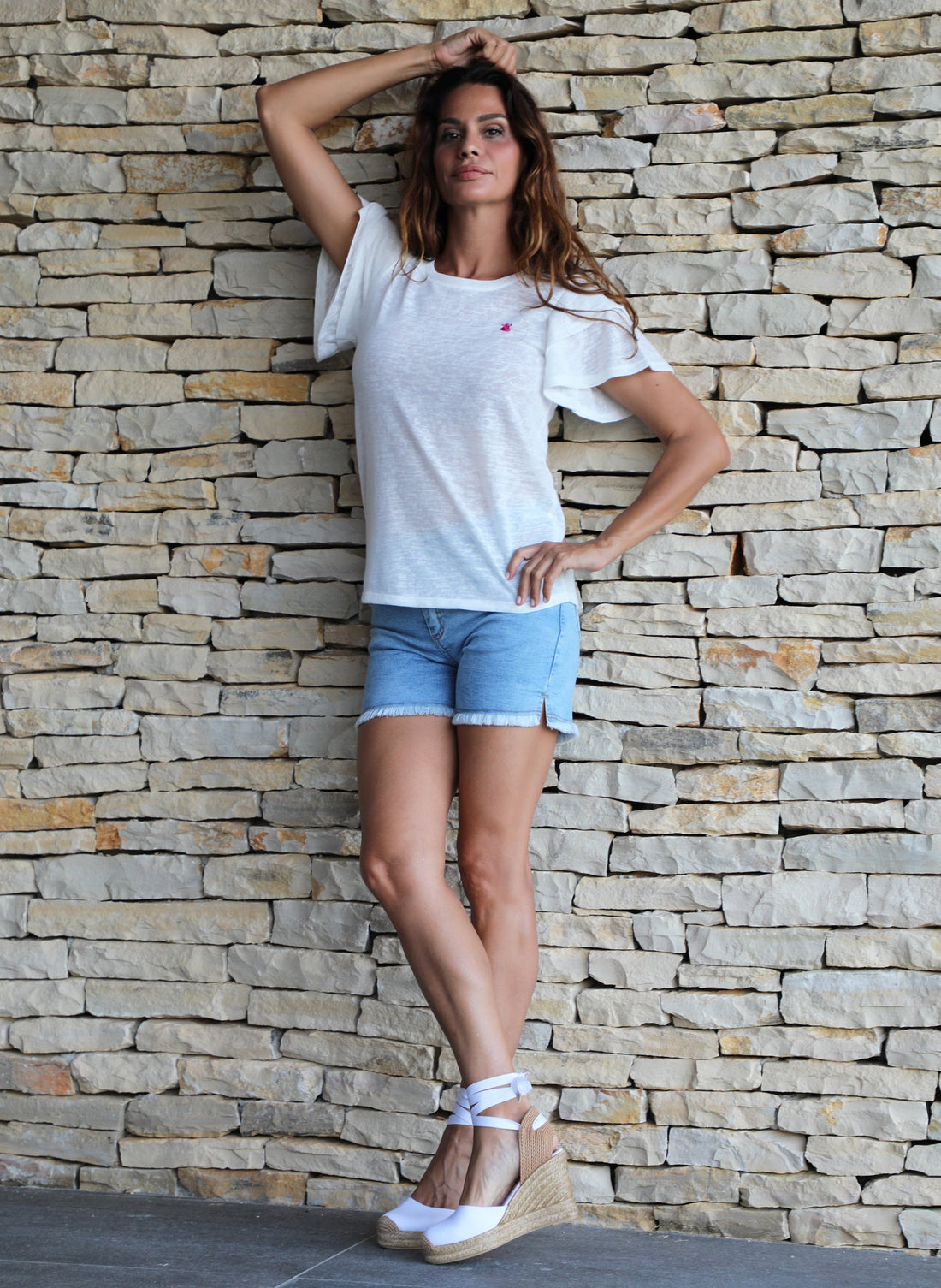 T-shirt Femme Blanc Viscose Manches Doubles Volants