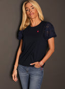 Camiseta o Blusa Azul Manga Encaje Mujer