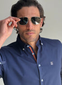 Camisa Azul Marino Cinta España Cuello Botón Hombre