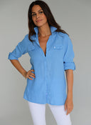 Camisola Bolsillos Lino Azul Añil Mujer