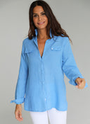 Camisola Bolsillos Lino Azul Añil Mujer