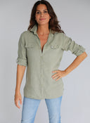 Camisola Bolsillos Kaki Lino Mujer