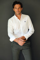 Camisa Hombre Sarga Blanca Cuello Botón Capote Azul