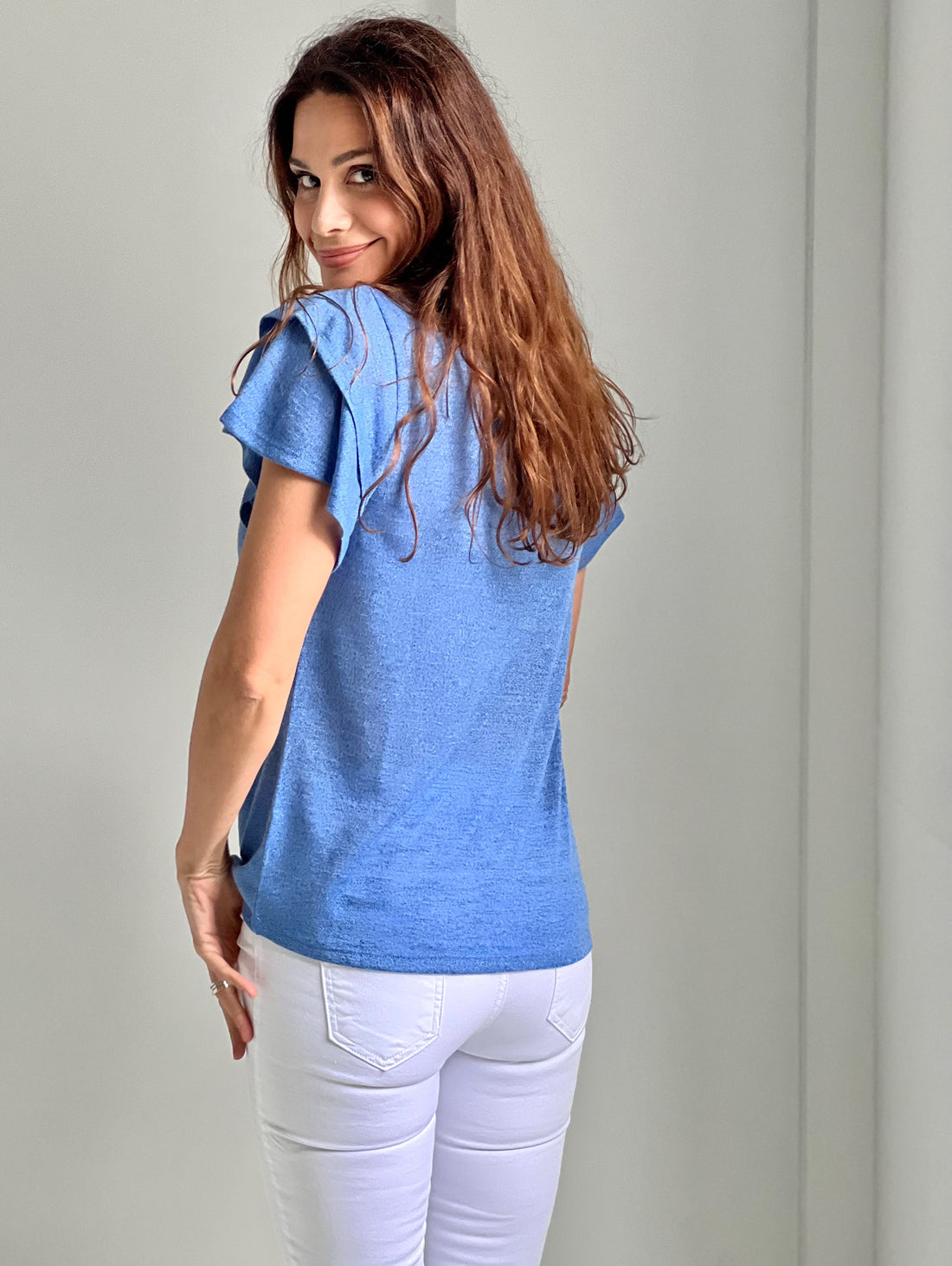 T-shirt Femme Bleu Viscose Double manche Volants