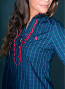 Camisa Tartan Azul y Verde Pechera Volantes Mujer