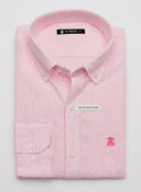 Camisa Rayas Rosas Lino Cuello Botón Hombre