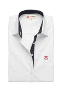 Camisa Oxford Blanca Contraste Lunares Cuello Italiano Mujer