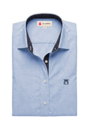 Camisa Azul Oxford Contraste Lunares Cuello Italiano Mujer