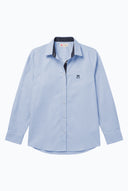 Camisa Azul Oxford Contraste Lunares Cuello Italiano Mujer