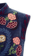 Chaleco Azul Terciopelo Bordado Flores  Mujer
