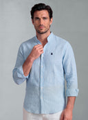 Camisa Cuello Mao Celeste Rayas Hombre