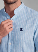 Camisa Cuello Mao Celeste Rayas Hombre
