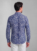 Herrenhemd aus marineblauem Leinen mit Blumenmuster