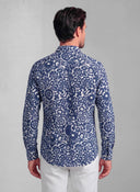 Camisa Flores Azul Marino Lino Hombre