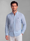 Camisa Rayas Azules Lino Cuello Botón Hombre