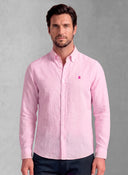 Camisa Rayas Rosas Lino Cuello Botón Hombre