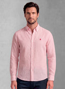 Camisa Rayas Rosas Lino Cuello Botón Hombre