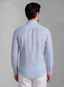 Camisa Rayas Azules Lino Cuello Botón Hombre