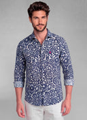 Camisa Flores Azul Marino Lino Hombre