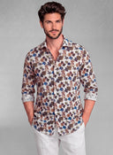 Camisa Flores Marrones Lino Hombre