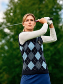 Chaleco Azul Lambswool Cuello Pico Rombos Mujer