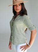 Camisa 100% Lino Verde Kaki Mujer