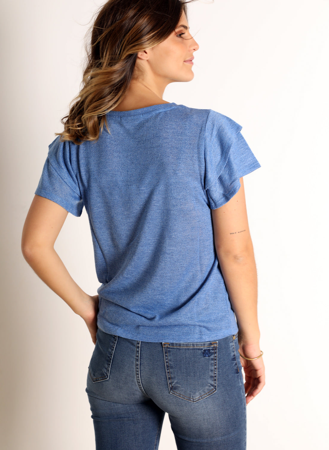 T-shirt Femme Bleu Viscose Double manche Volants