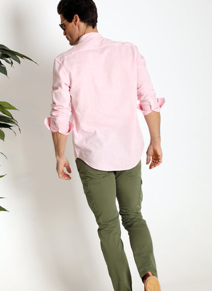 Pale Pink Linen Mandarin Collar T-shirt for Men