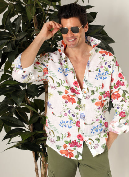 Men's White Linen Shirt with Flowers