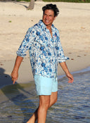 Camisa Lino Flores Turquesas Hombre