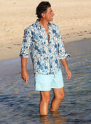 Camisa Lino Flores Turquesas Hombre