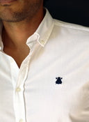Camisa Hombre Sarga Blanca Cuello Botón Capote Azul