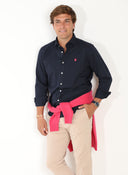 Camisa Azul Sarga Cuello Italiano Hombre