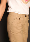 Pantalón Lino Camel Pinzas Mujer