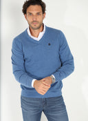 Jersey Cuello Pico Azul Añil Algodón Hombre