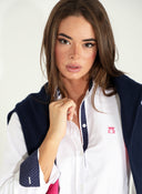Camisa Oxford Blanca Contraste Lunares Cuello Italiano Mujer