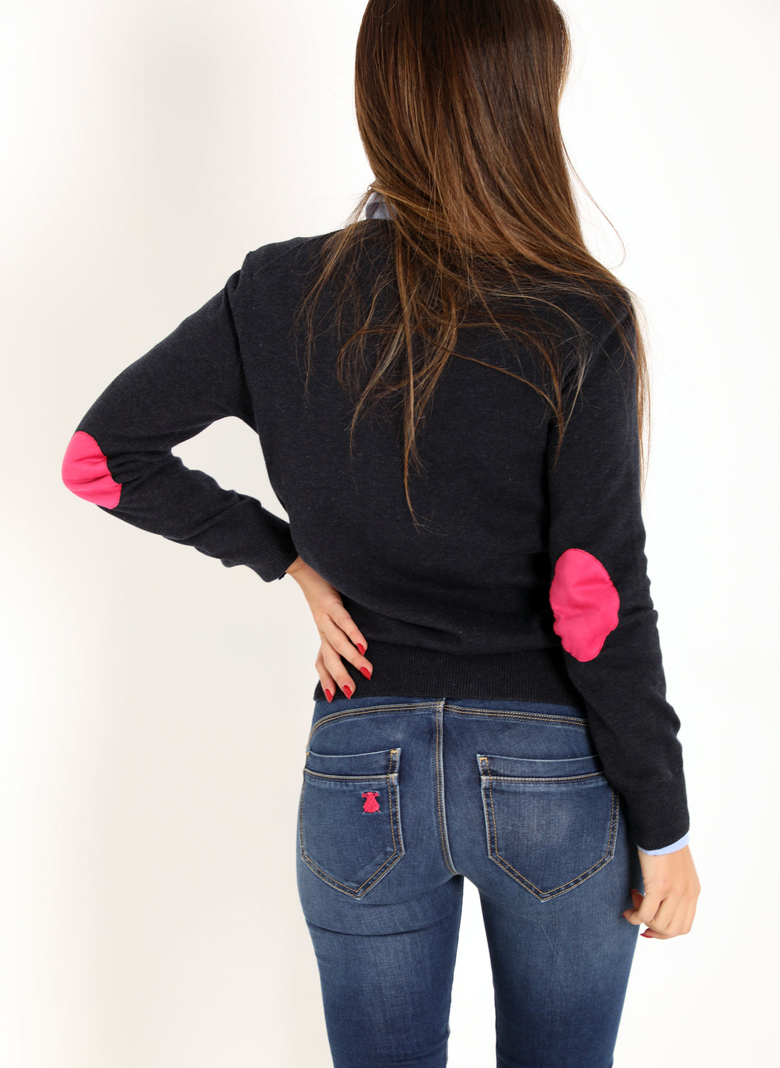 Marineblauer Damen-Pullover mit V-Ausschnitt und Ellbogen-Patches