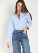 Camisa Azul Oxford Contraste Lunares Cuello Italiano Mujer