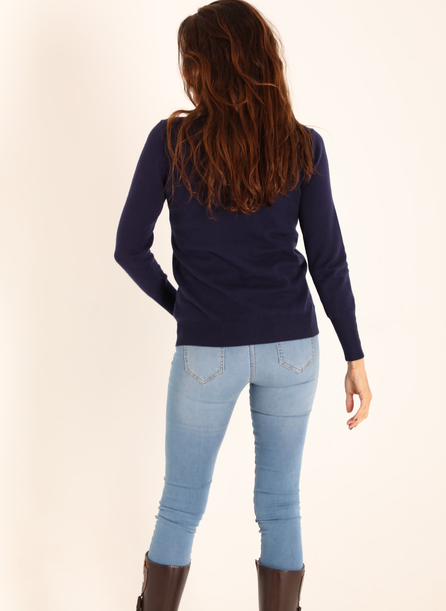 Women's Blue Crew Neck Sweater with Buttons