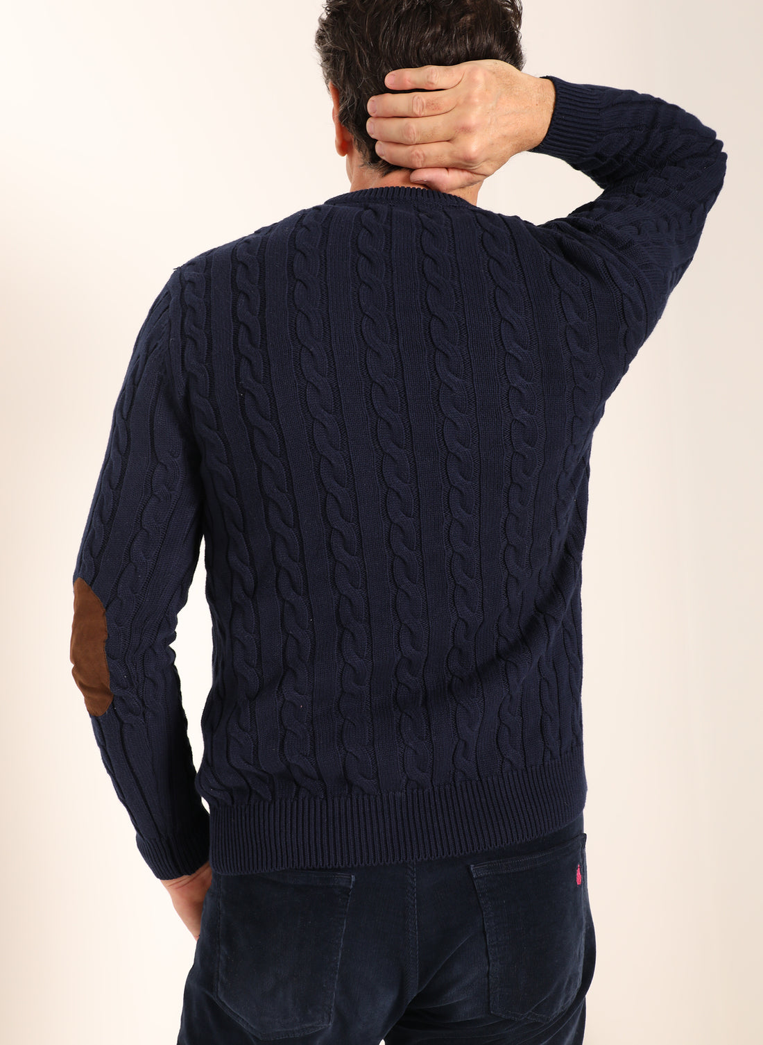 Blauer Eights-Pullover für Herren, braune Ellbogenschützer