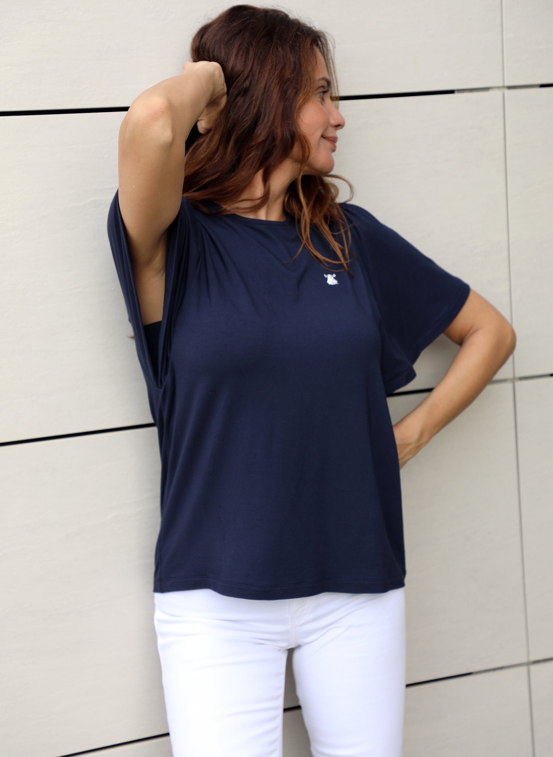Marineblaues Damen-T-Shirt mit Rüschenärmeln
