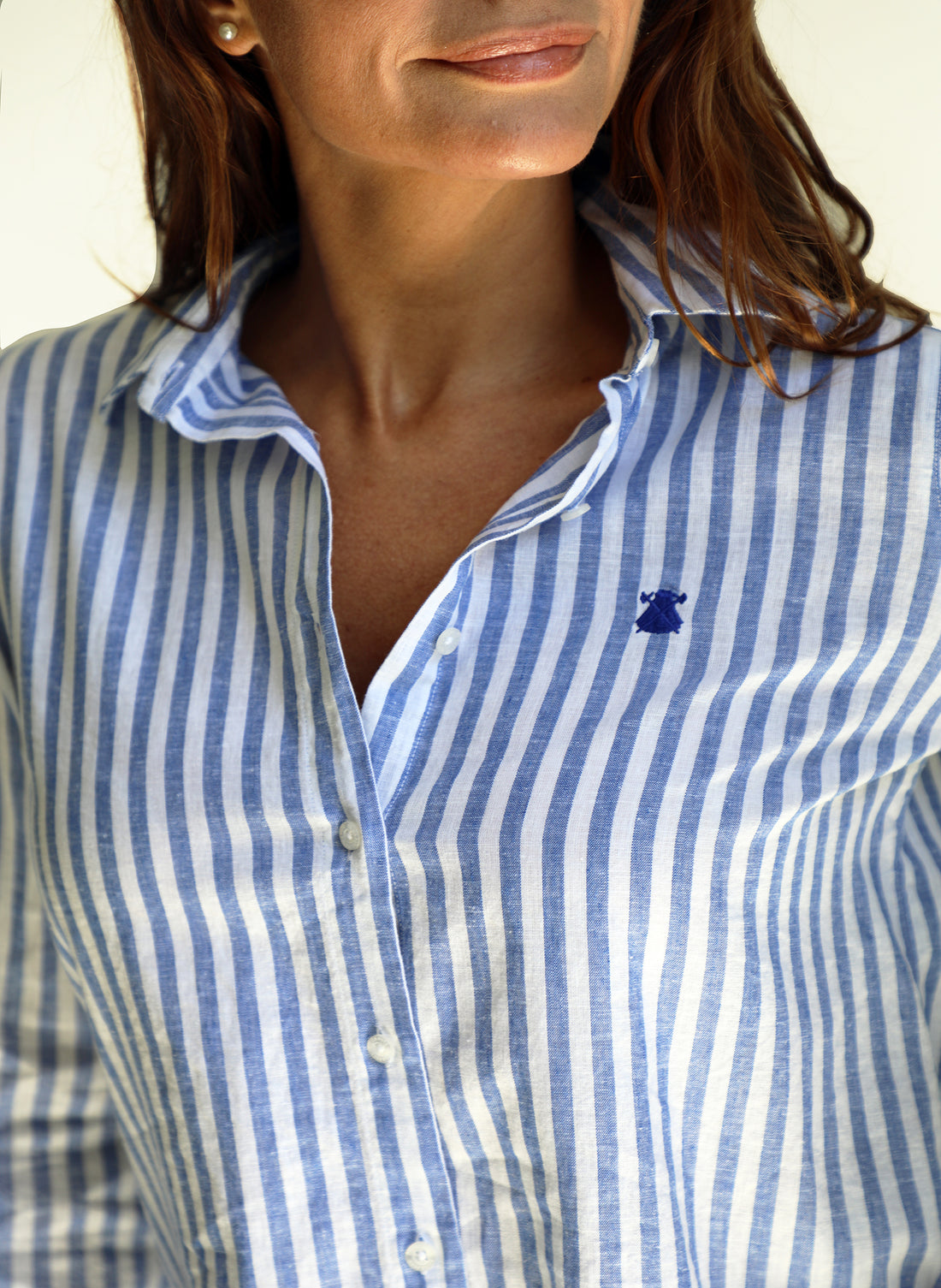 女款 100% 亞麻淺藍寬條紋襯衫