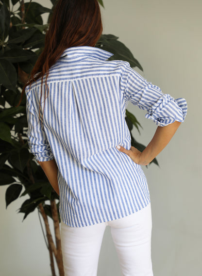 100% linnen overhemd met brede lichtblauwe streep voor dames