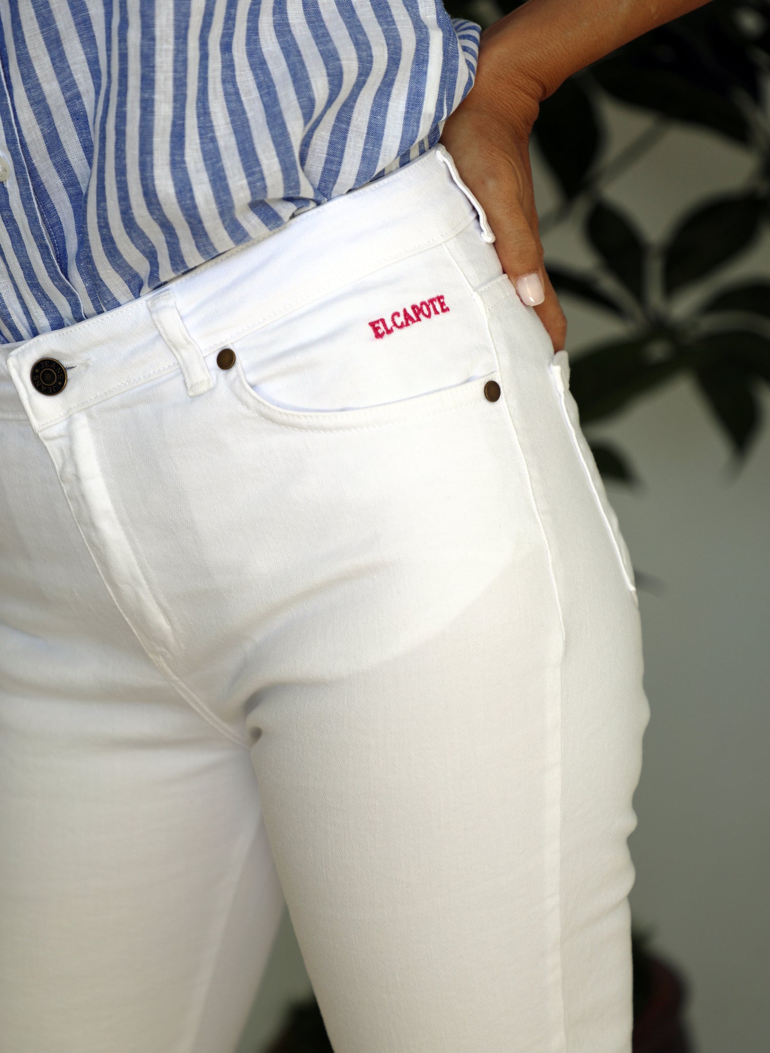 Pantalon femme blanc Capote rose avec 5 poches