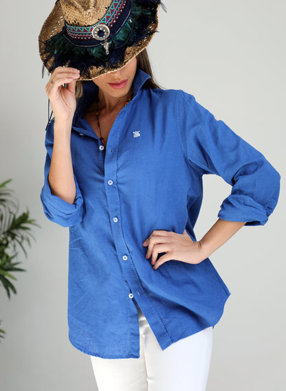 靛藍色亞麻大輪廓女式襯衫