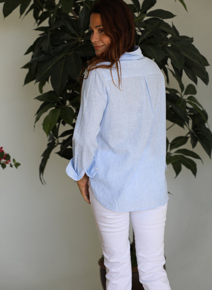 100% Linen Shirt with Fine Light Blue Multistripes for Women